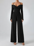 Women's Off-Shoulder Wide Leg Jumpsuit with Wrap V-Neck