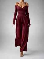 Women's Off-Shoulder Wide Leg Jumpsuit with Wrap V-Neck