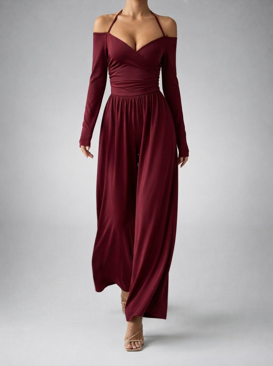 Women's Off-Shoulder Wide Leg Jumpsuit with Wrap V-Neck