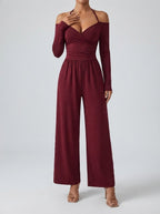 Women's Off-Shoulder Wide Leg Jumpsuit with Wrap V-Neck