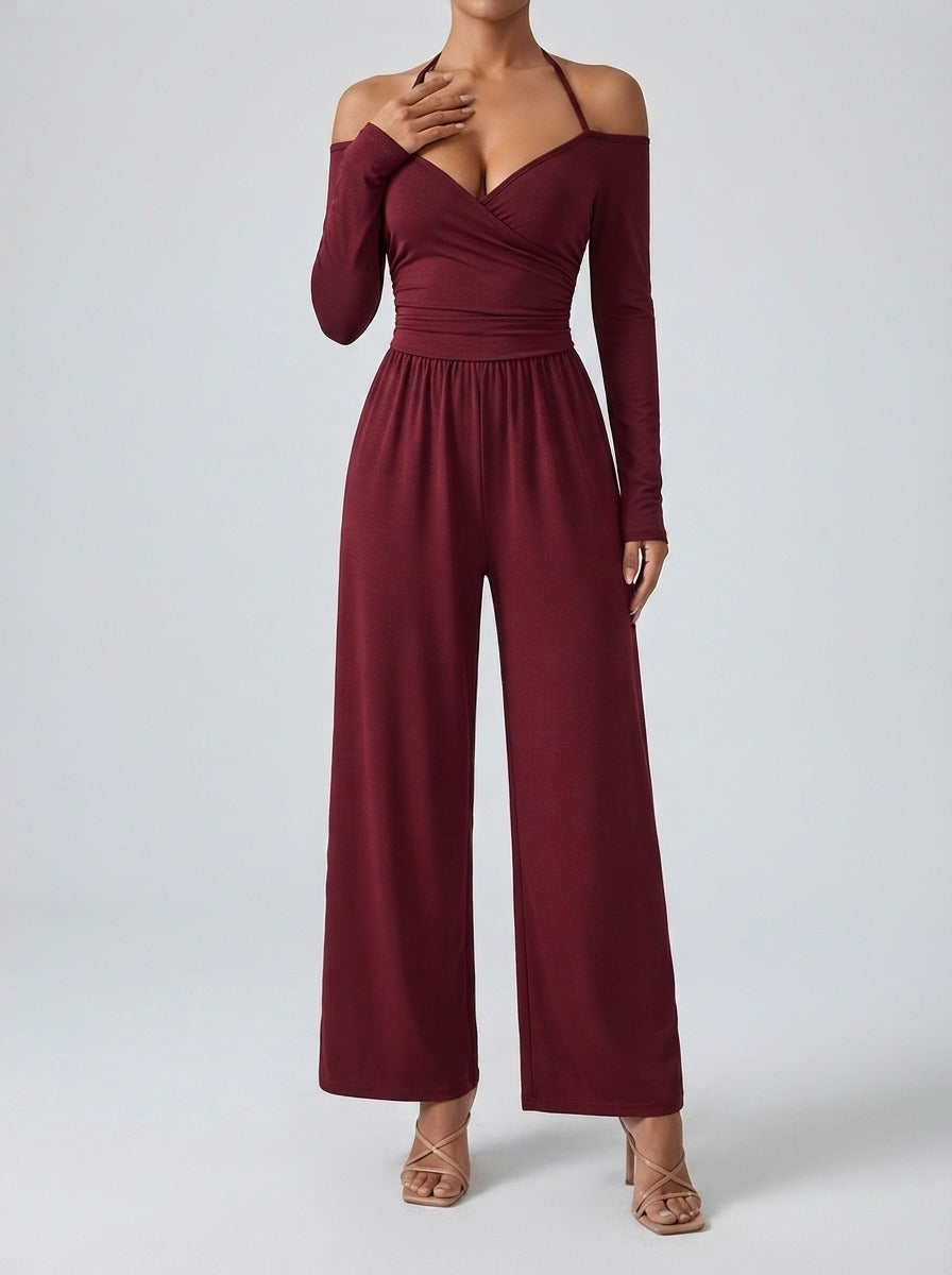 Women's Off-Shoulder Wide Leg Jumpsuit with Wrap V-Neck