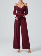 Women's Off-Shoulder Wide Leg Jumpsuit with Wrap V-Neck