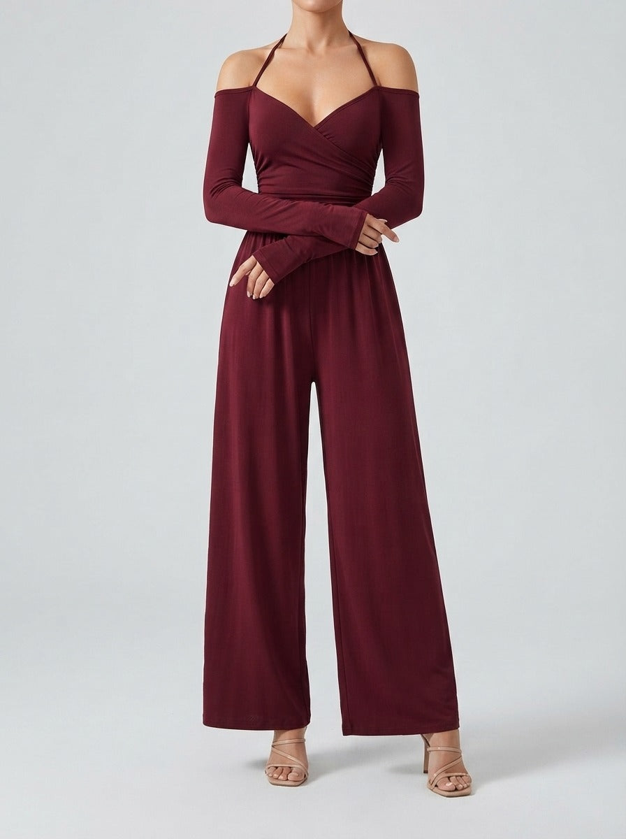 Women's Off-Shoulder Wide Leg Jumpsuit with Wrap V-Neck