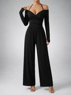 Women's Off-Shoulder Wide Leg Jumpsuit with Wrap V-Neck