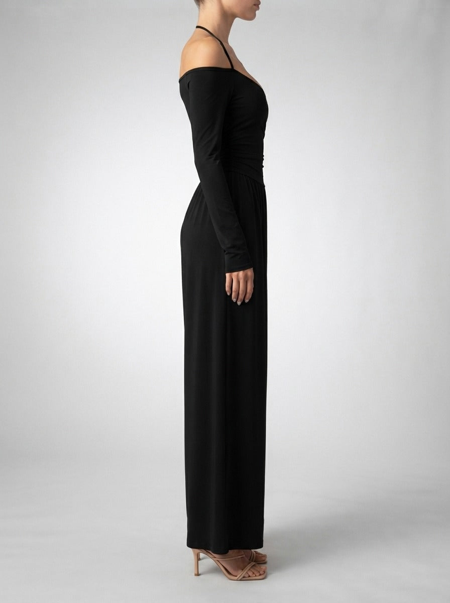 Women's Off-Shoulder Wide Leg Jumpsuit with Wrap V-Neck