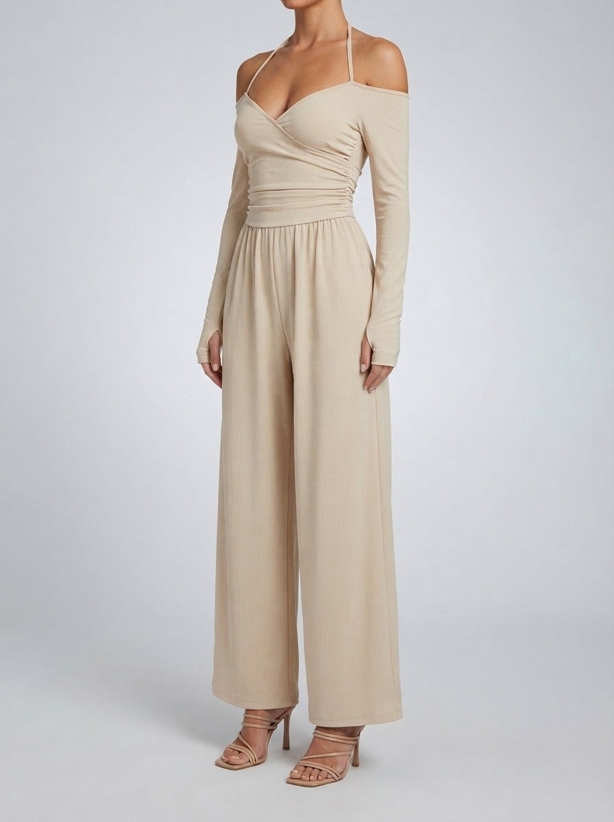 Women's Off-Shoulder Wide Leg Jumpsuit with Wrap V-Neck