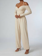 Women's Off-Shoulder Wide Leg Jumpsuit with Wrap V-Neck