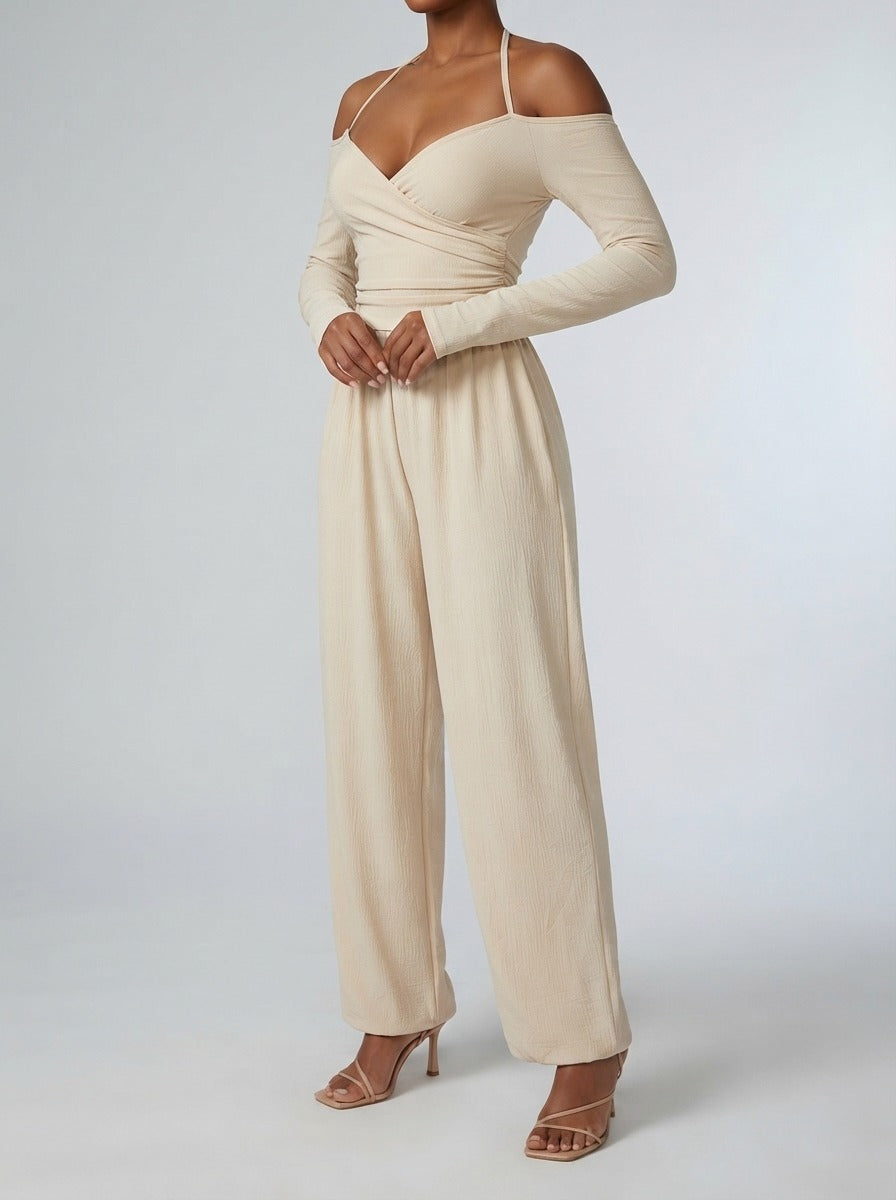 Women's Off-Shoulder Wide Leg Jumpsuit with Wrap V-Neck