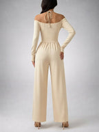 Women's Off-Shoulder Wide Leg Jumpsuit with Wrap V-Neck