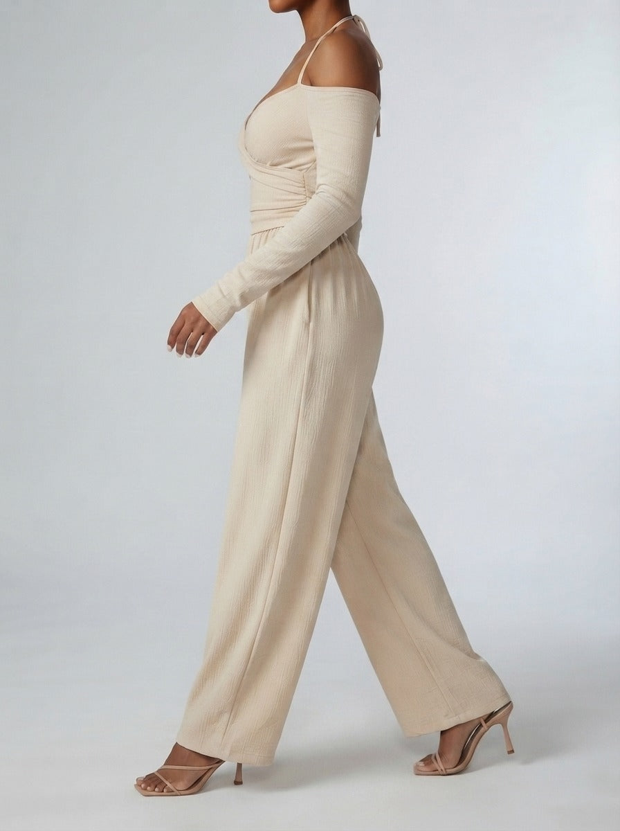Women's Off-Shoulder Wide Leg Jumpsuit with Wrap V-Neck