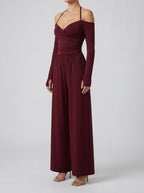 Women's Off-Shoulder Wide Leg Jumpsuit with Wrap V-Neck