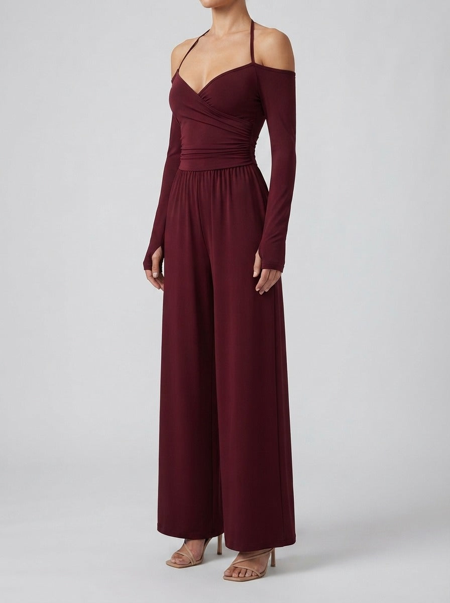 Women's Off-Shoulder Wide Leg Jumpsuit with Wrap V-Neck