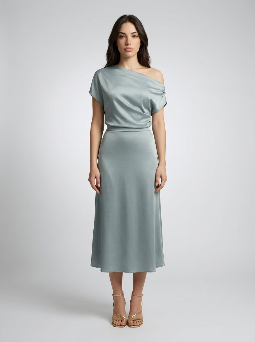 Women's One Shoulder Draped A-Line Midi Dress