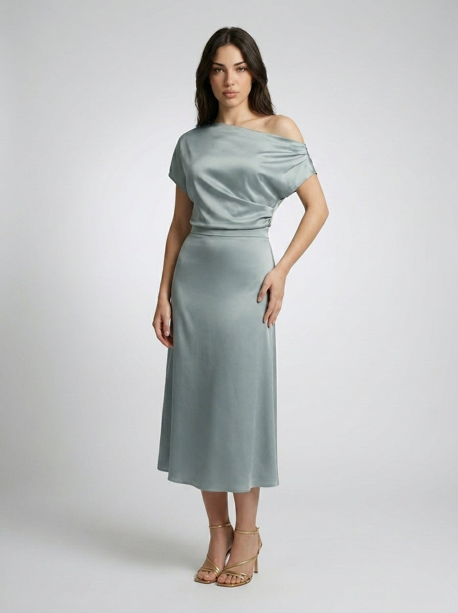 Women's One Shoulder Draped A-Line Midi Dress