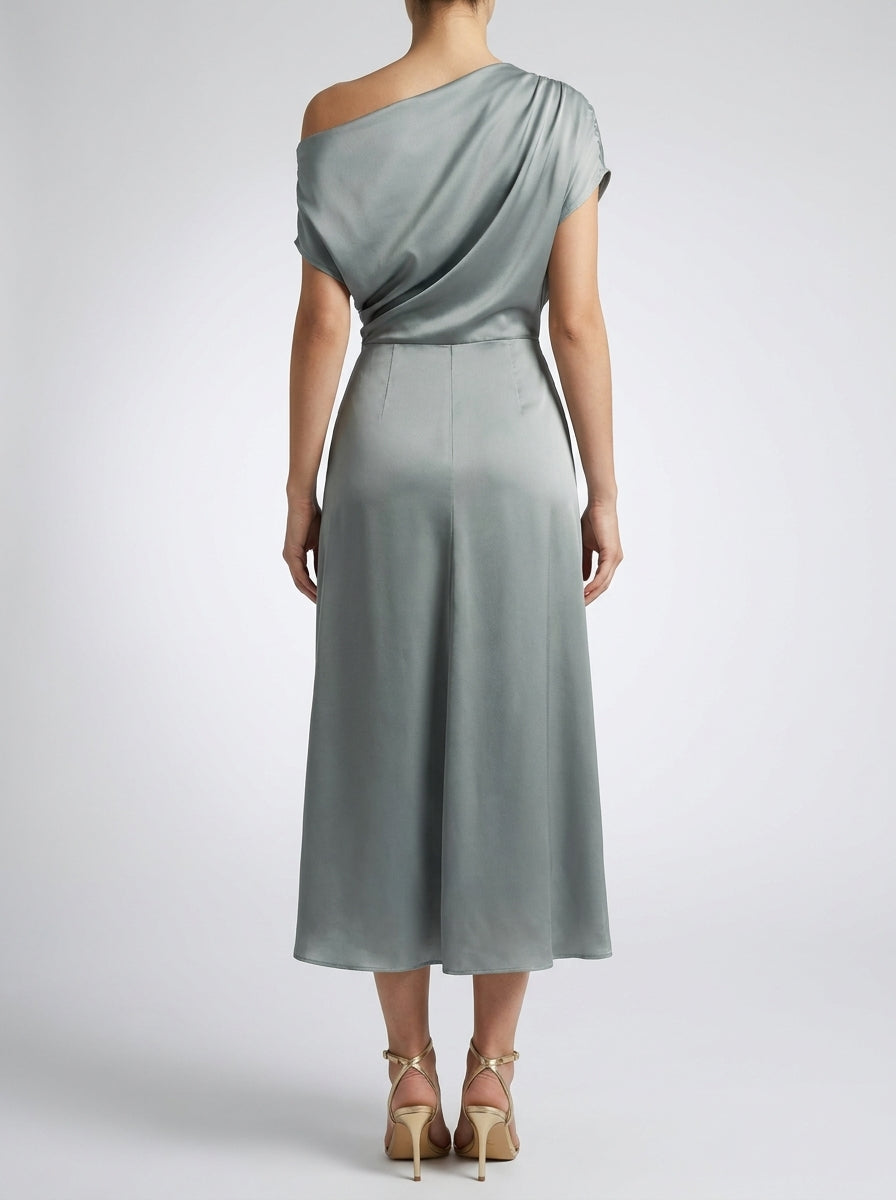 Women's One Shoulder Draped A-Line Midi Dress