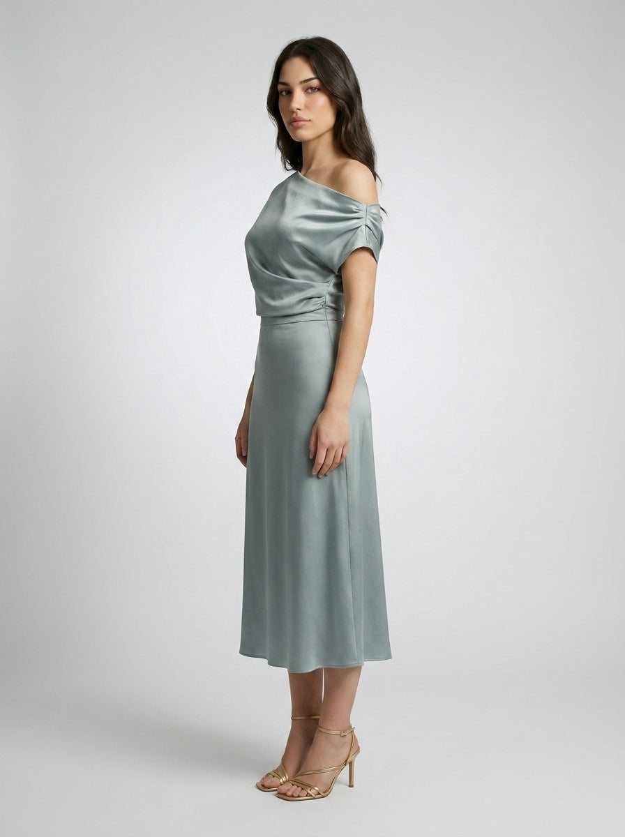 Women's One Shoulder Draped A-Line Midi Dress