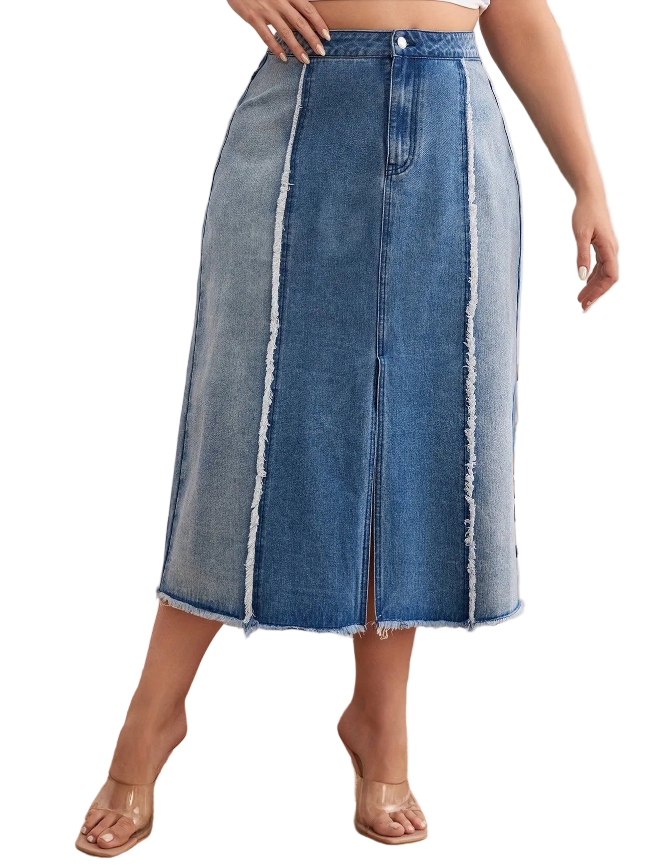Women’s Paneled Midi Skirt with Frayed Seams