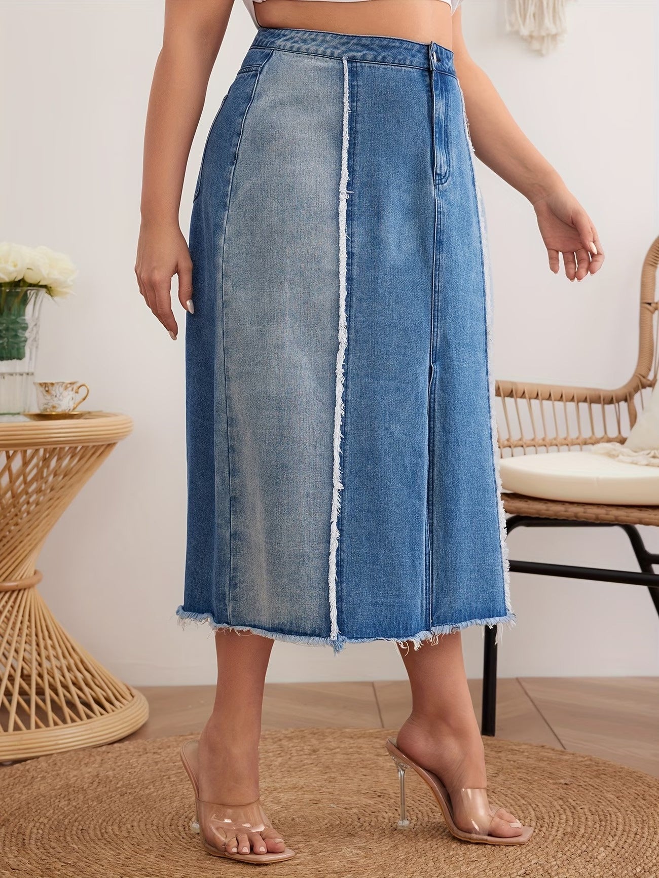 Women’s Paneled Midi Skirt with Frayed Seams