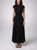 Women's Polka Dot A-Line Maxi Dress with Cap Sleeve and Round Neck