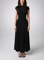 Women's Polka Dot A-Line Maxi Dress with Cap Sleeve and Round Neck
