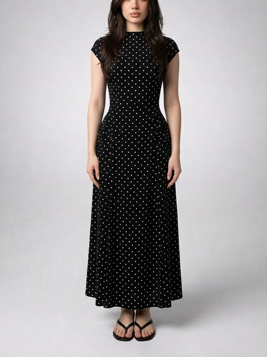 Women's Polka Dot A-Line Maxi Dress with Cap Sleeve and Round Neck