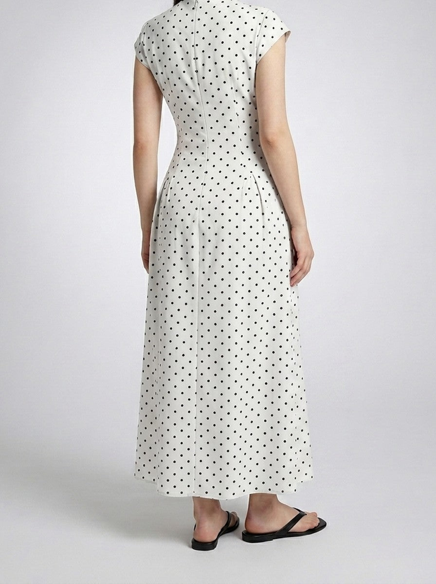 Women's Polka Dot A-Line Maxi Dress with Cap Sleeve and Round Neck