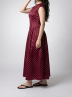 Women's Polka Dot A-Line Maxi Dress with Cap Sleeve and Round Neck