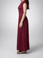 Women's Polka Dot A-Line Maxi Dress with Cap Sleeve and Round Neck