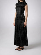 Women's Polka Dot A-Line Maxi Dress with Cap Sleeve and Round Neck