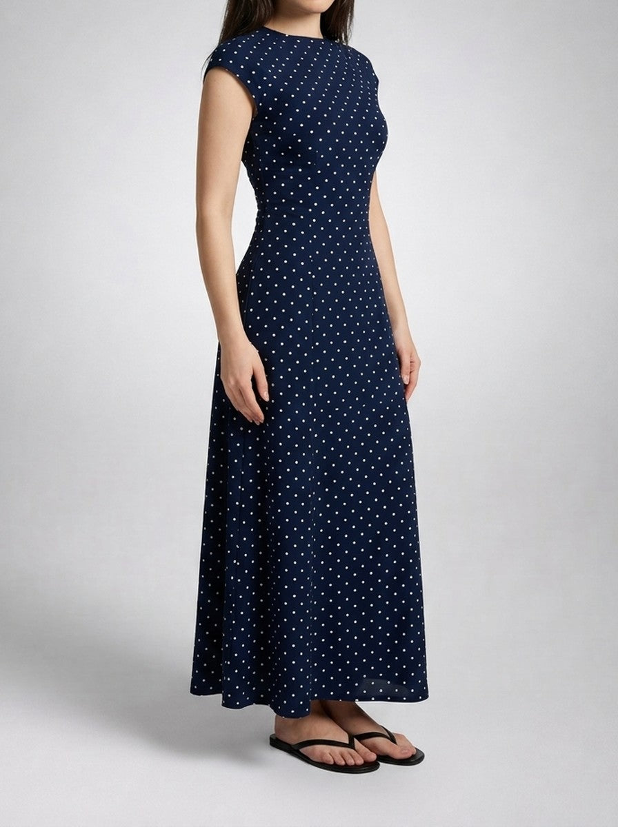 Women's Polka Dot A-Line Maxi Dress with Cap Sleeve and Round Neck