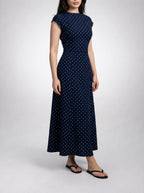 Women's Polka Dot A-Line Maxi Dress with Cap Sleeve and Round Neck