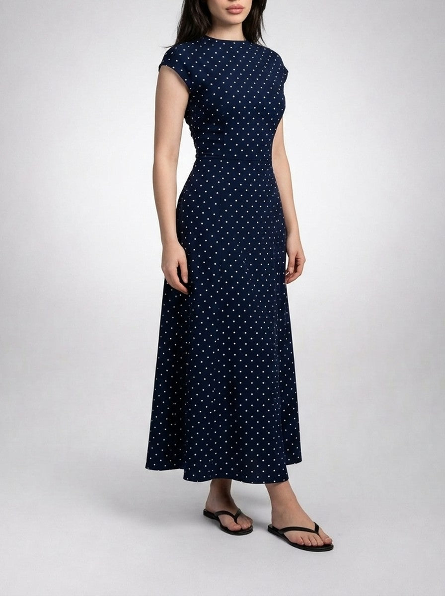 Women's Polka Dot A-Line Maxi Dress with Cap Sleeve and Round Neck