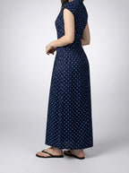 Women's Polka Dot A-Line Maxi Dress with Cap Sleeve and Round Neck