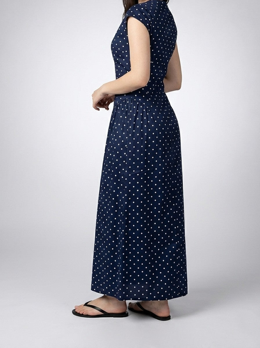Women's Polka Dot A-Line Maxi Dress with Cap Sleeve and Round Neck