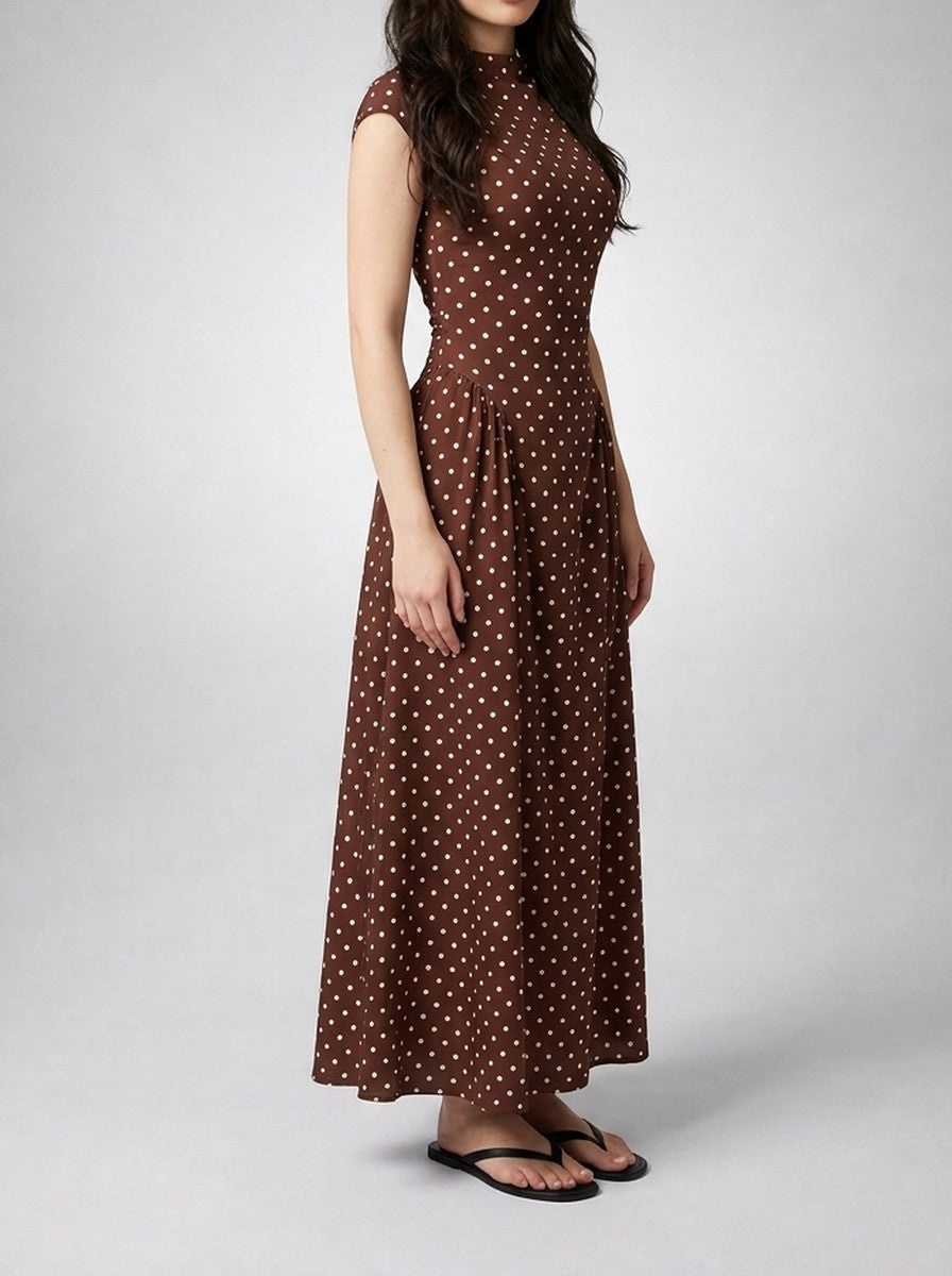 Women's Polka Dot A-Line Maxi Dress with Cap Sleeve and Round Neck