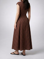 Women's Polka Dot A-Line Maxi Dress with Cap Sleeve and Round Neck
