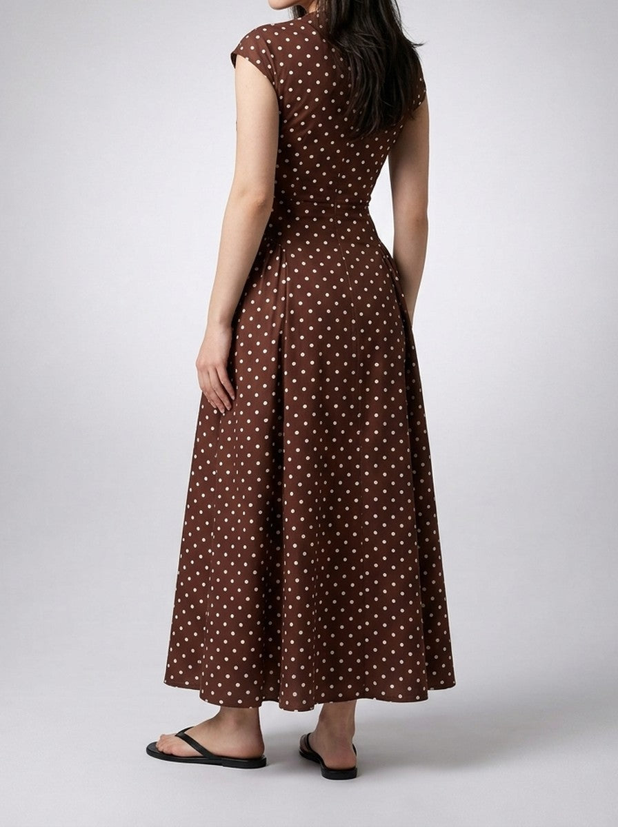 Women's Polka Dot A-Line Maxi Dress with Cap Sleeve and Round Neck