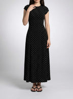 Women's Polka Dot A-Line Maxi Dress with Cap Sleeve and Round Neck