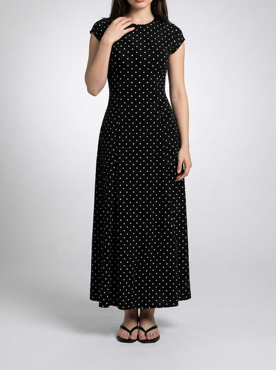 Women's Polka Dot A-Line Maxi Dress with Cap Sleeve and Round Neck