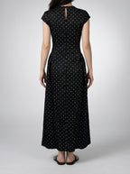 Women's Polka Dot A-Line Maxi Dress with Cap Sleeve and Round Neck