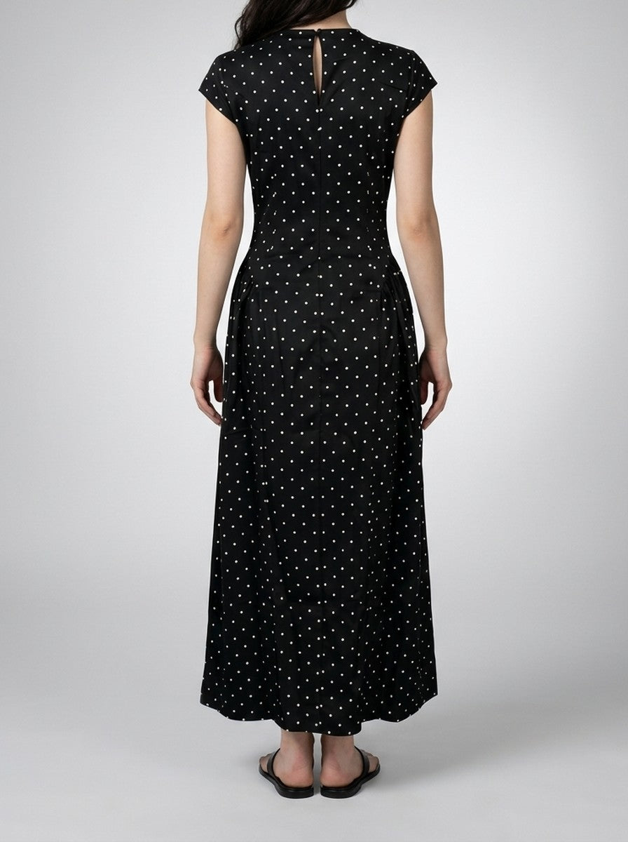 Women's Polka Dot A-Line Maxi Dress with Cap Sleeve and Round Neck
