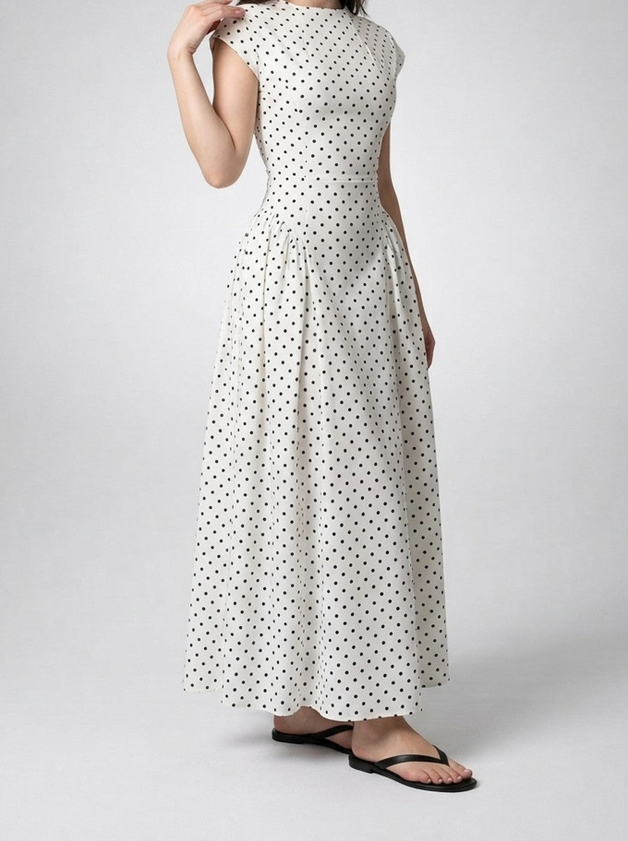 Women's Polka Dot A-Line Maxi Dress with Cap Sleeve and Round Neck