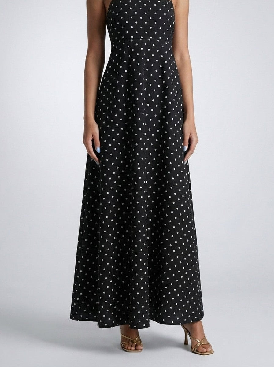 Women's Polka Dot Maxi Dress with Spaghetti Straps and Square Neck