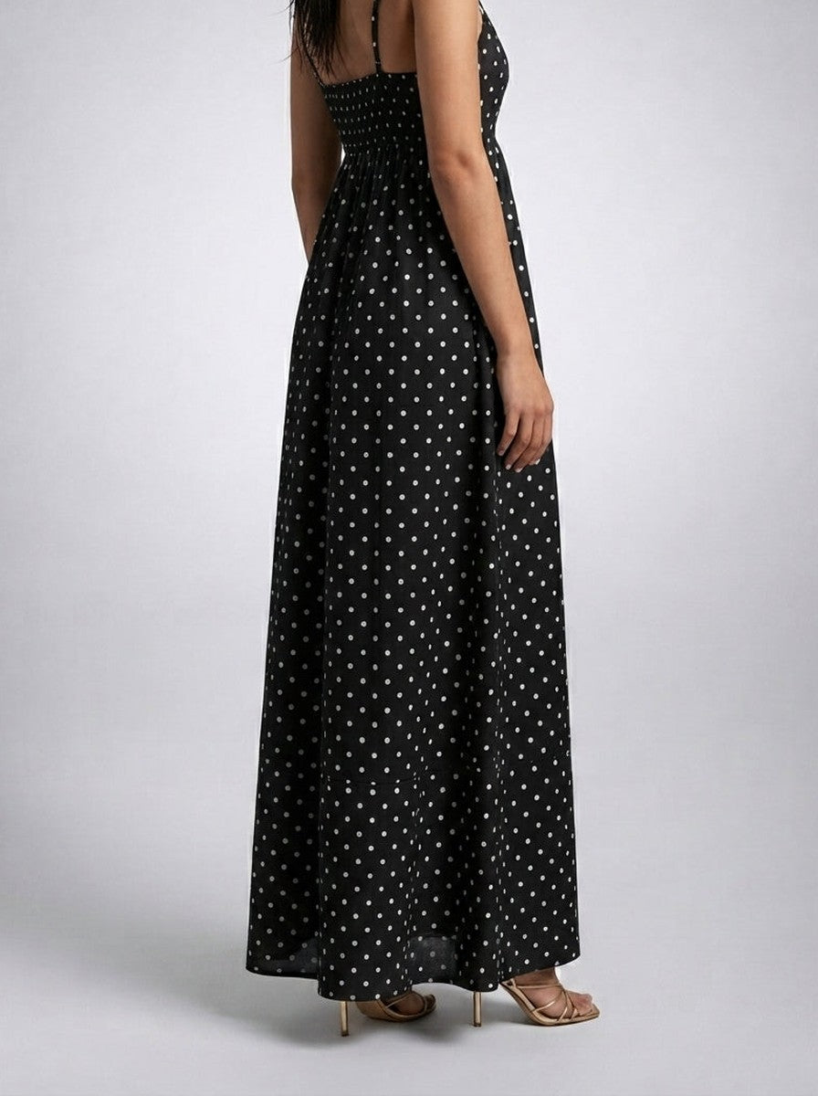 Women's Polka Dot Maxi Dress with Spaghetti Straps and Square Neck