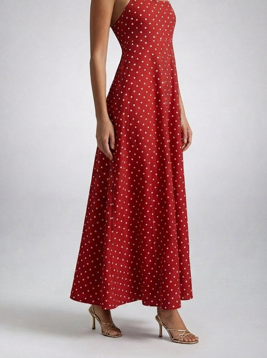 Women's Polka Dot Maxi Dress with Spaghetti Straps and Square Neck