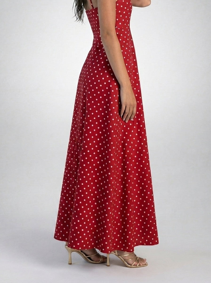 Women's Polka Dot Maxi Dress with Spaghetti Straps and Square Neck