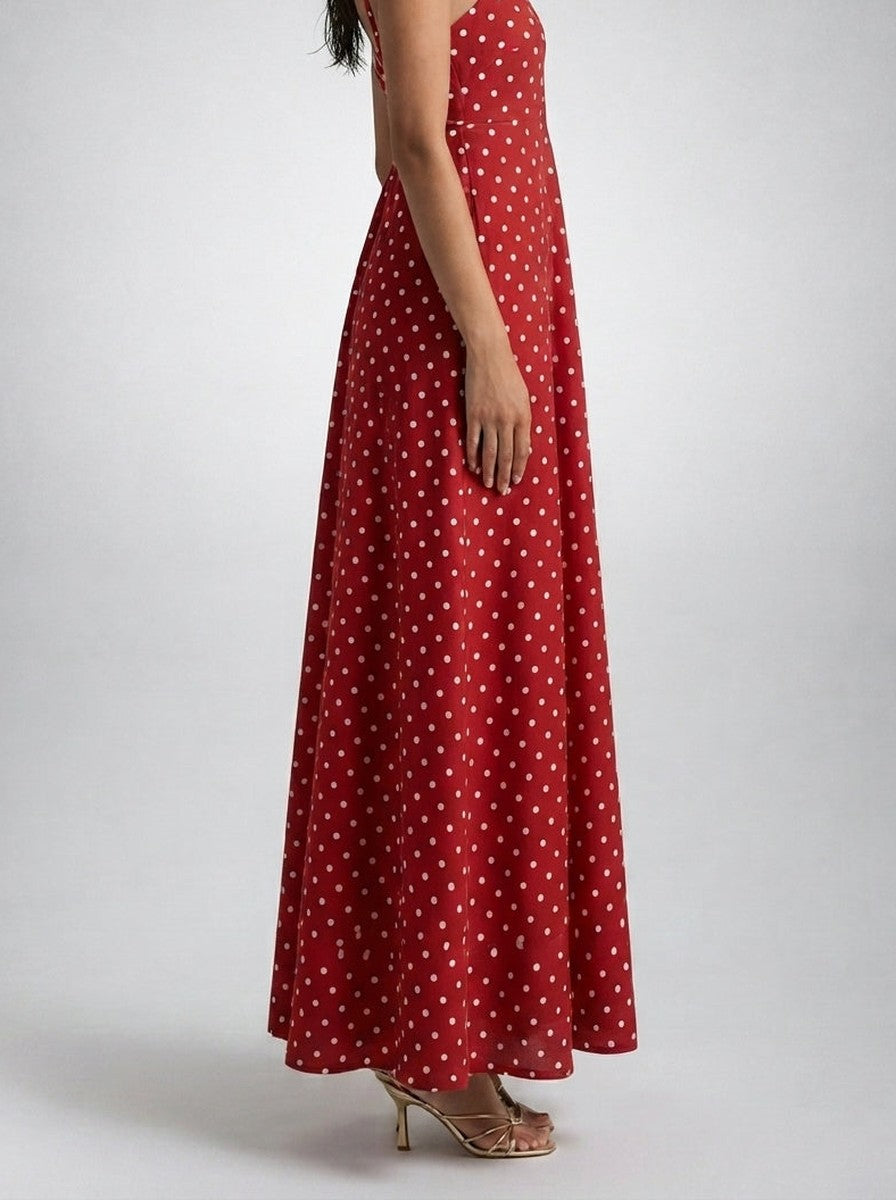 Women's Polka Dot Maxi Dress with Spaghetti Straps and Square Neck