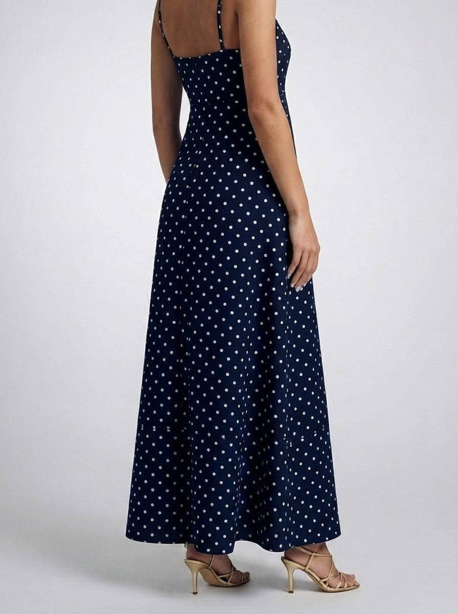 Women's Polka Dot Maxi Dress with Spaghetti Straps and Square Neck