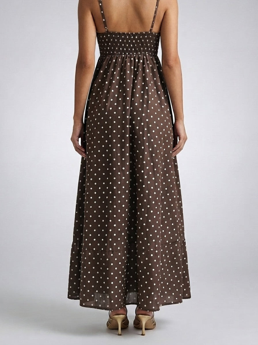 Women's Polka Dot Maxi Dress with Spaghetti Straps and Square Neck