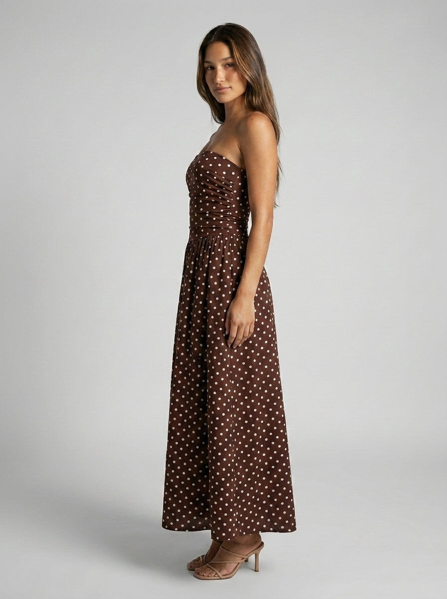 Women's Polka Dot Strapless A-Line Maxi Dress